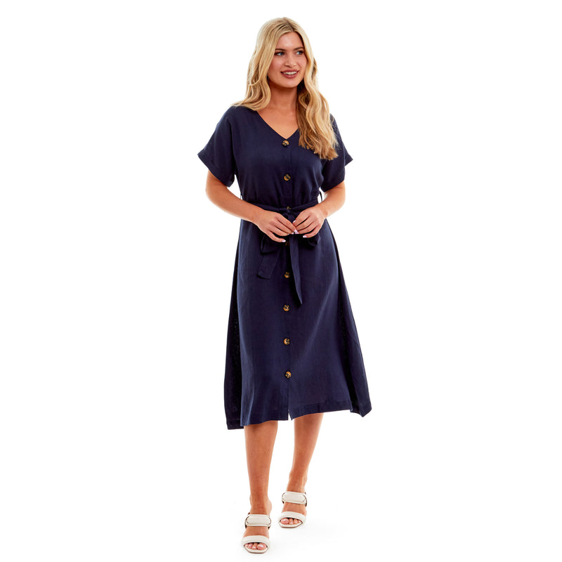 Ladies Linen Button Midi Dress - Navy Blue