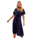Ladies Linen Button Midi Dress - Navy Blue