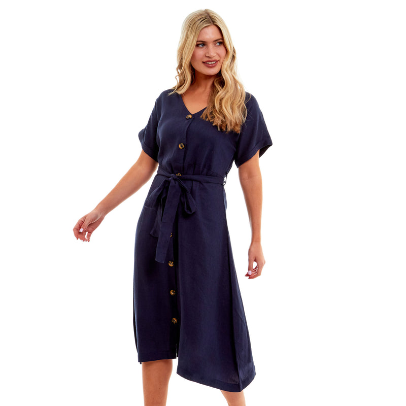 Ladies Linen Button Midi Dress - Navy Blue