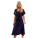 Ladies Linen Button Midi Dress - Navy Blue