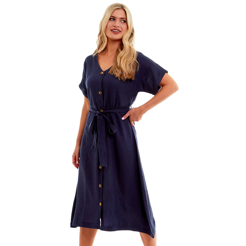 Ladies Linen Button Midi Dress - Navy Blue