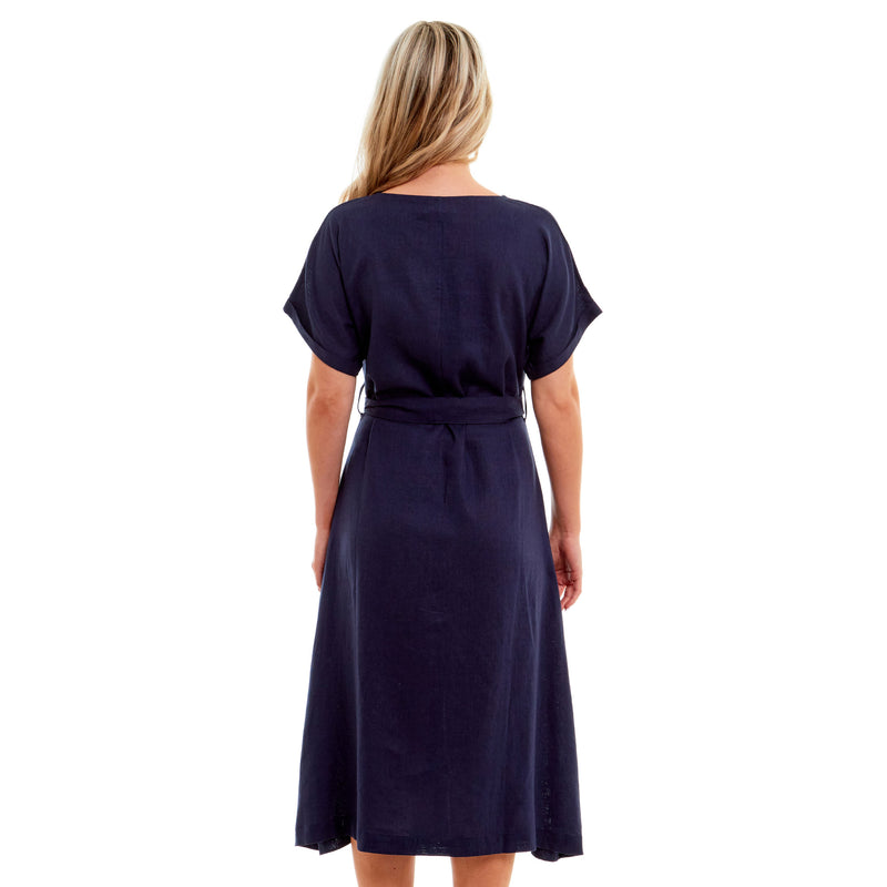 Ladies Linen Button Midi Dress - Navy Blue