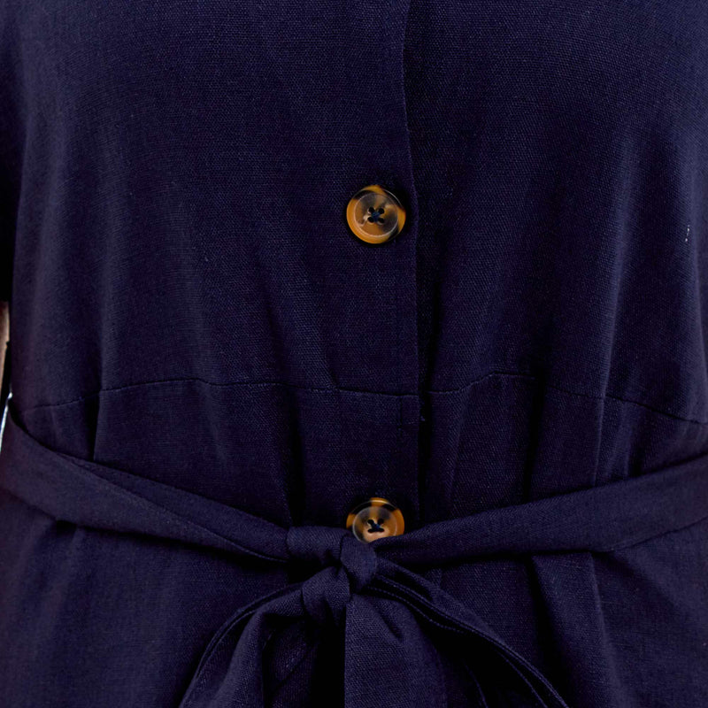 Ladies Linen Button Midi Dress - Navy Blue