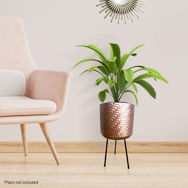 Palma Indoor Woven Effect Metal Planter with Black Metal Legs - Copper