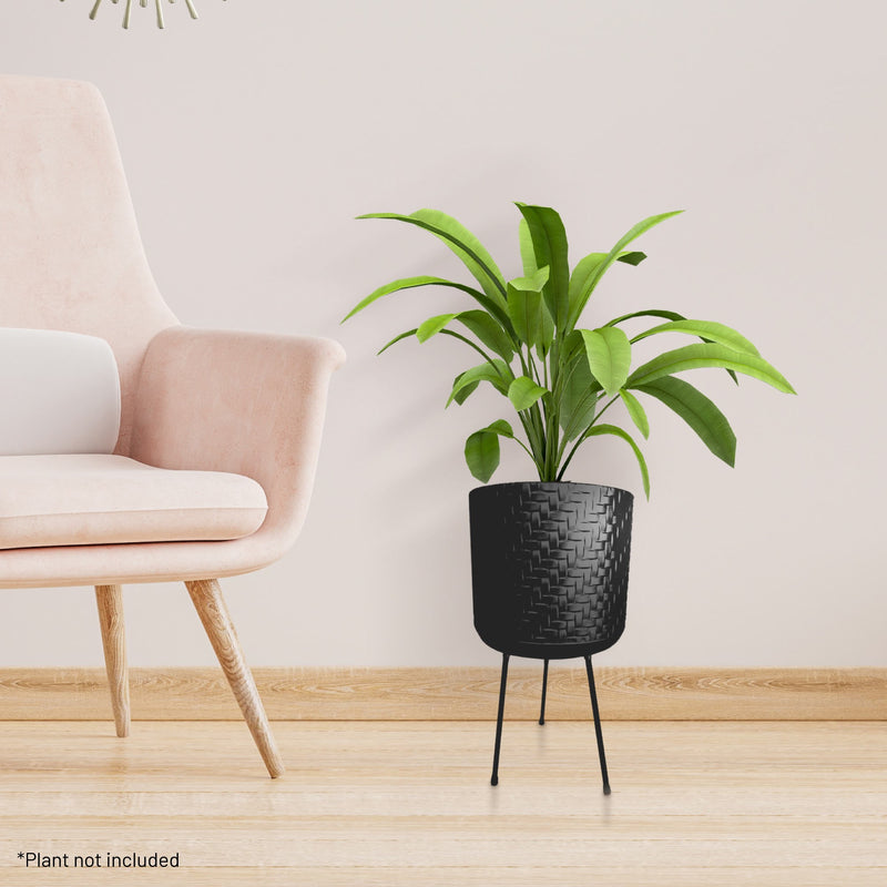 Palma Indoor Woven Effect Metal Planter with Black Metal Legs - Black