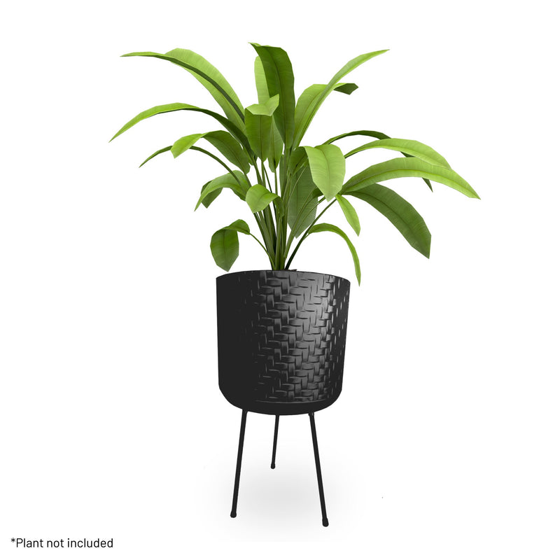 Palma Indoor Woven Effect Metal Planter with Black Metal Legs - Black