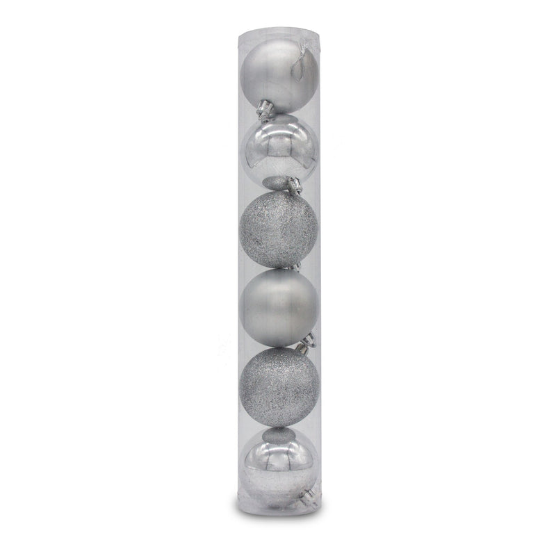 Christmas Sparkle Tube of 6 6cm Shatterproof Baubles in Silver