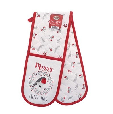 Christmas Country Club Novelty Design Double Oven Glove - Merry Tweet-mas Robin