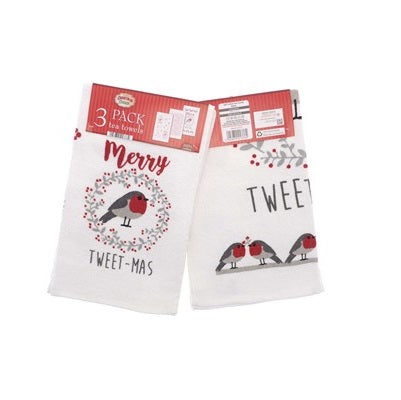 Christmas Country Club Tea Towels Pack of 3 - Merry Tweet-mas Robin