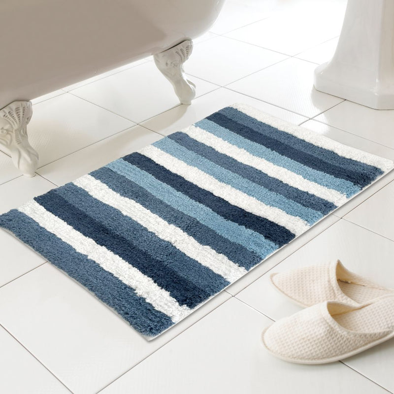 Country Club Bath Mat Stripe Design 100% Cotton 50x80cm - Blue