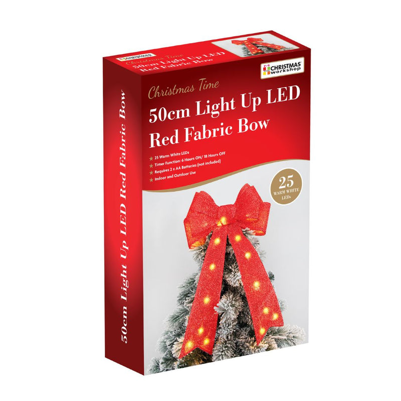 Christmas Workshop Bow 50cm with 25 Warm White Lights - Red