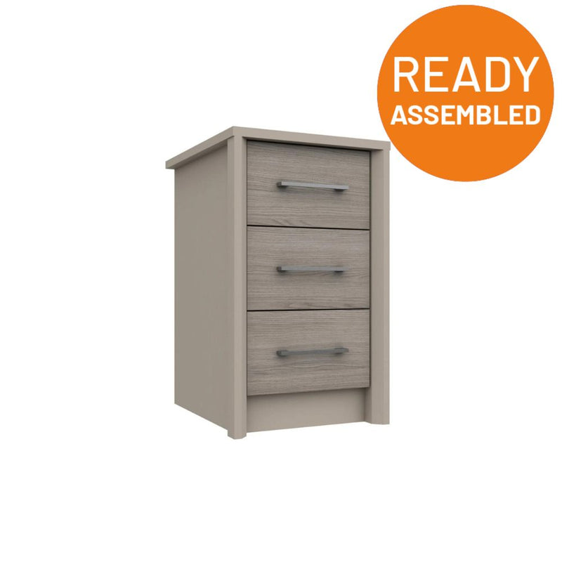 Miley Ready Assembled Bedside Table with 3 Drawers - Grey Oak