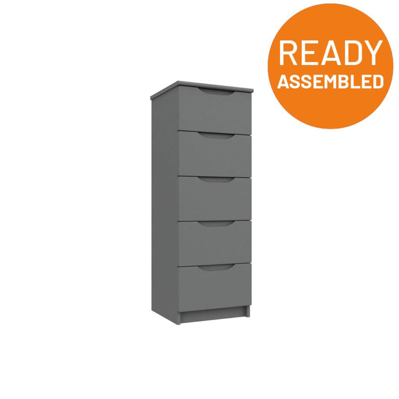 Balagio Ready Assembled Chest of Drawers with 5 Drawers Tallboy - Dusk Grey Gloss