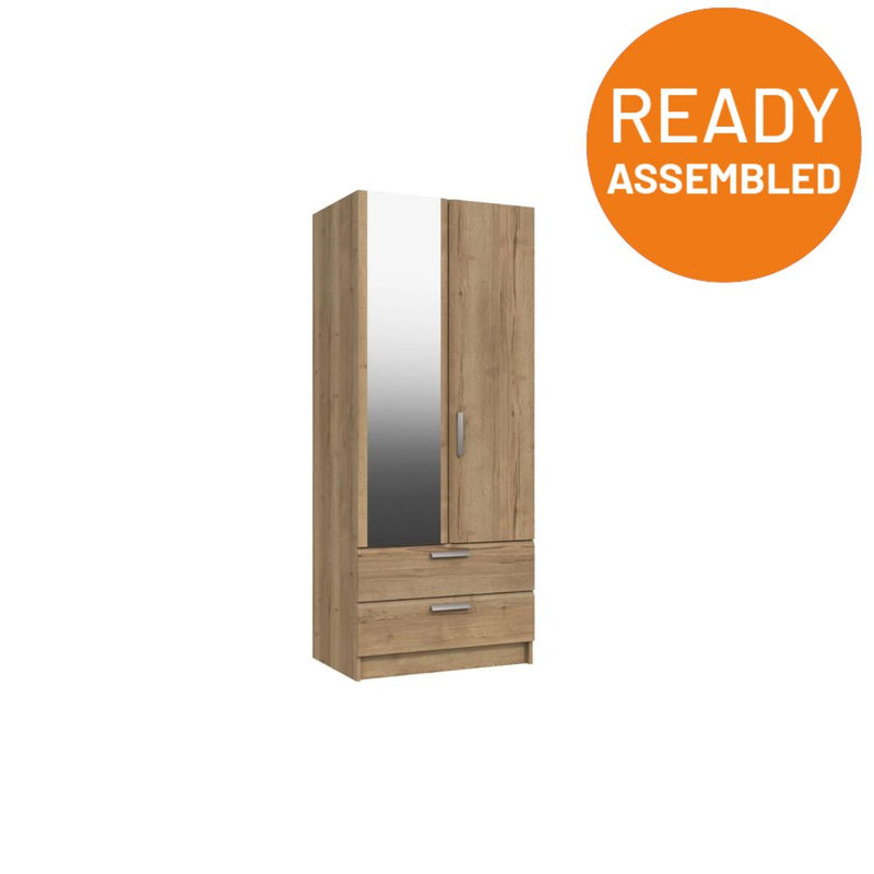 Buckingham Ready Assembled Wardrobe with 2 Doors, Drawers & Mirror - Natural Rustic Oak