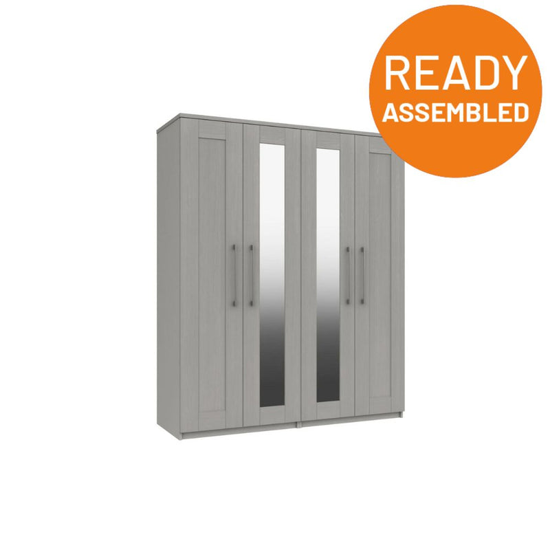 Chester Ready Assembled Wardrobe with 4 Doors & 2 Mirrors - Light Grey