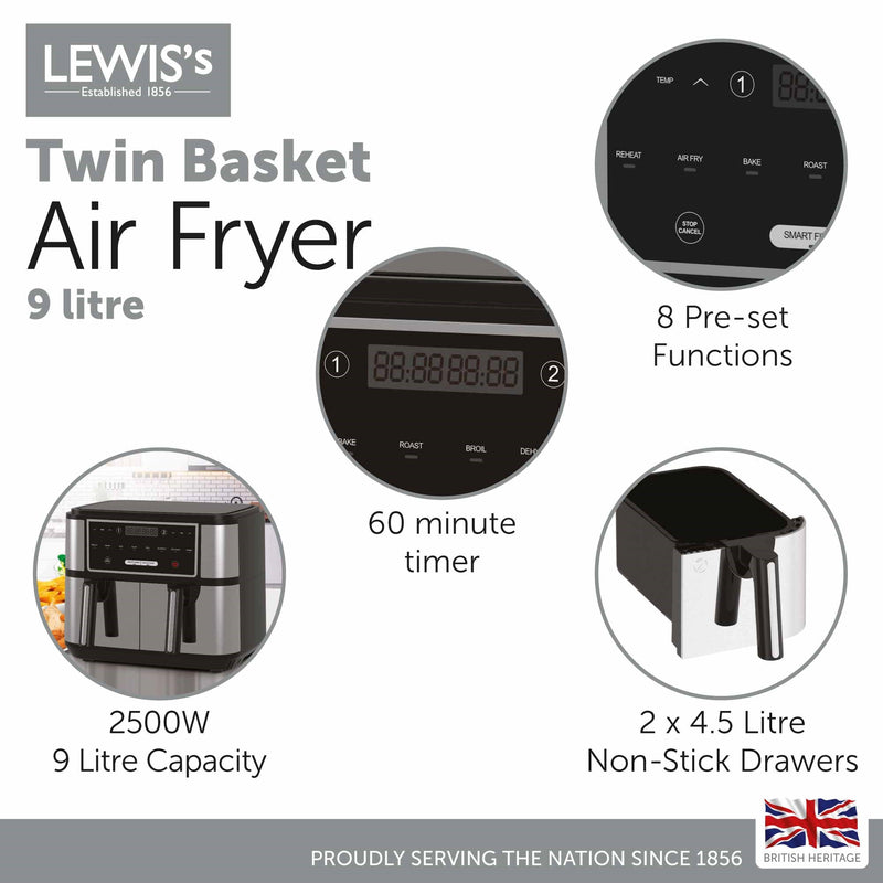 Lewis's Air Fryer with Dual Twin Basket 9L - 2 x 4.5l Drawers