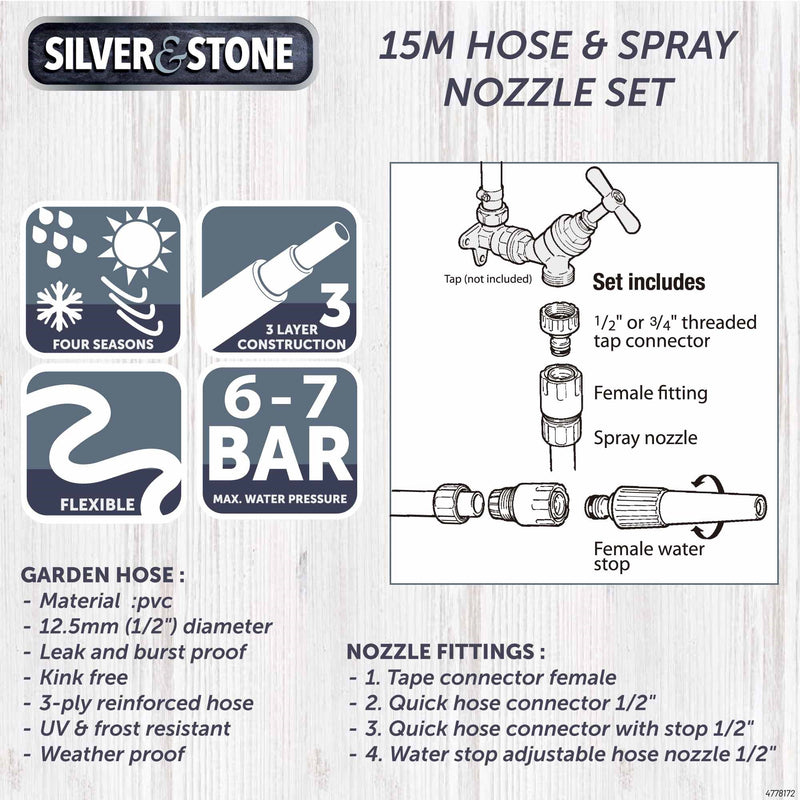 Silver & Stone Garden Hose & Spray Nozzle Set 15m
