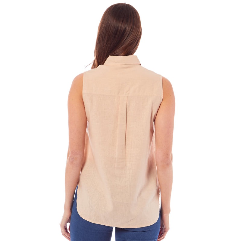Ladies Linen Sleeveless Collar Shirt - Beige