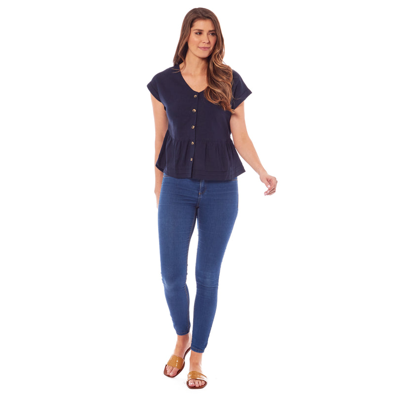 Ladies Linen Cap Sleeve Top - Navy Blue