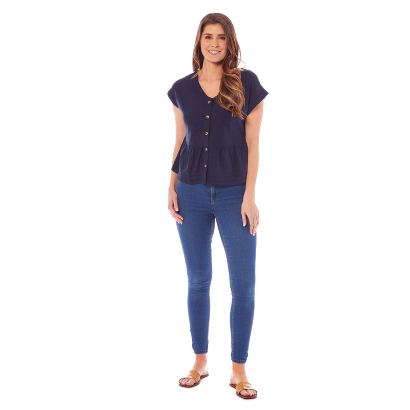 Ladies Linen Cap Sleeve Top - Navy Blue
