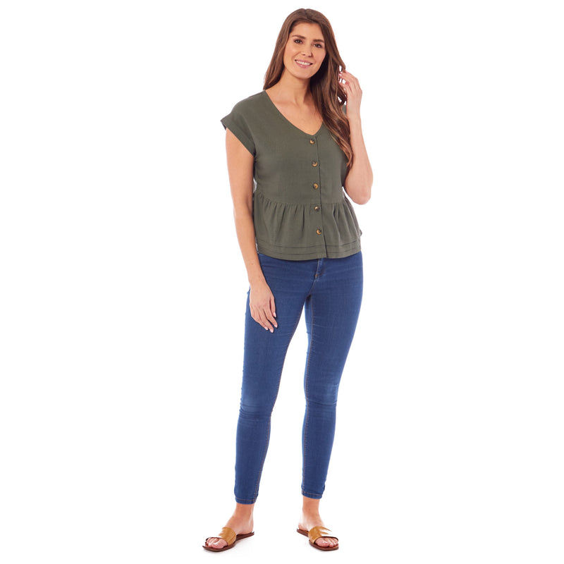 Ladies Linen Cap Sleeve Top - Khaki