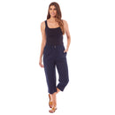 Ladies Linen 3/4 Length Button Trousers - Navy