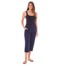 Ladies Linen 3/4 Length Button Trousers - Navy