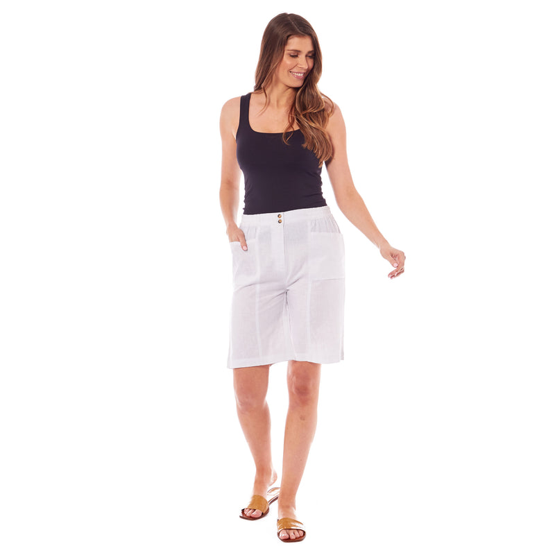 Ladies Linen Button Shorts - White