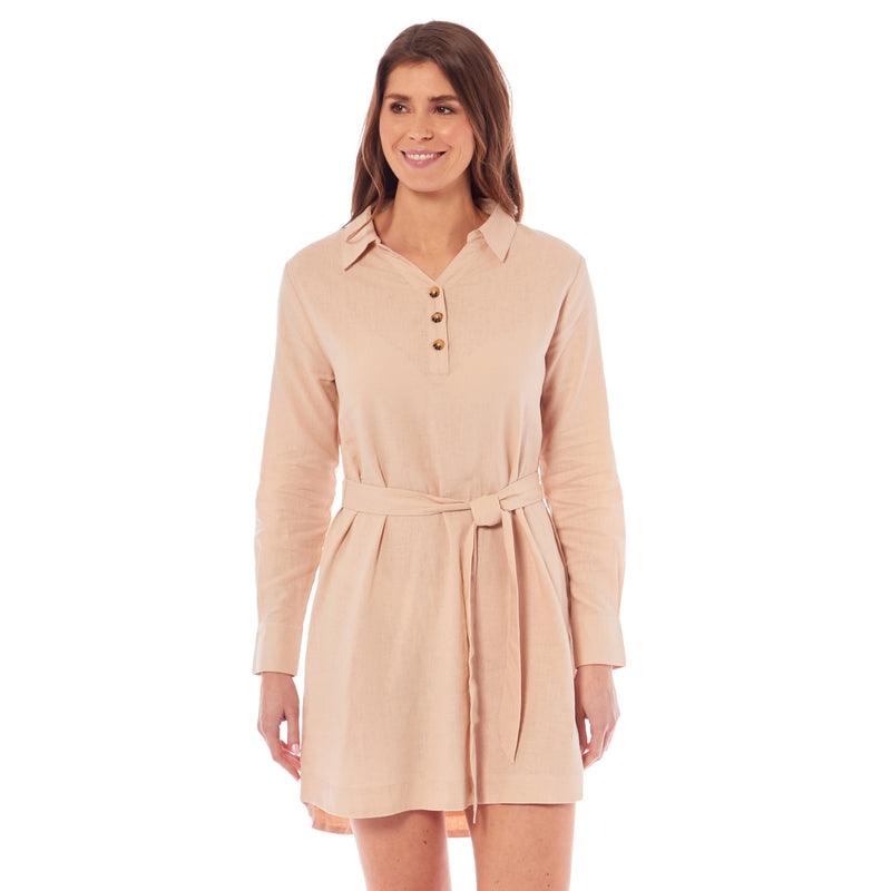 Ladies Linen Button Shirt Dress - Beige