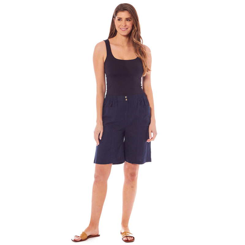 Ladies Linen Button Shirt Dress - Navy