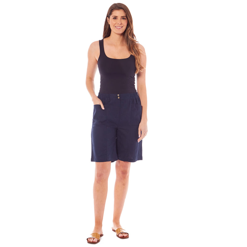 Ladies Linen Button Shirt Dress - Navy