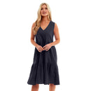 Ladies Linen V Neck Tiered Dress - Navy Blue