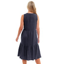 Ladies Linen V Neck Tiered Dress - Navy Blue