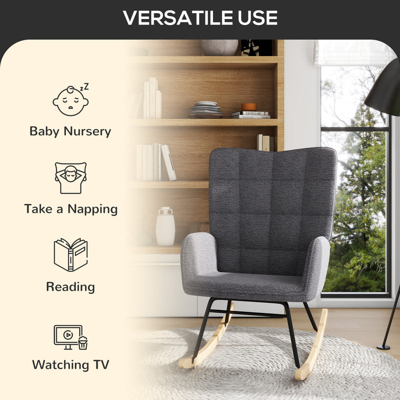 HOMCOM Wingback Rocking Chair For Nursing W/ Steel Frame And Wooden Base Grey