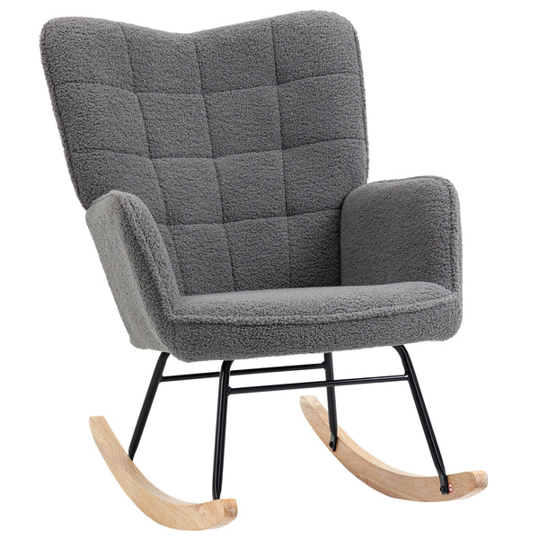 HOMCOM Wingback Rocking Chair For Nursing W/ Steel Frame And Wooden Base Grey