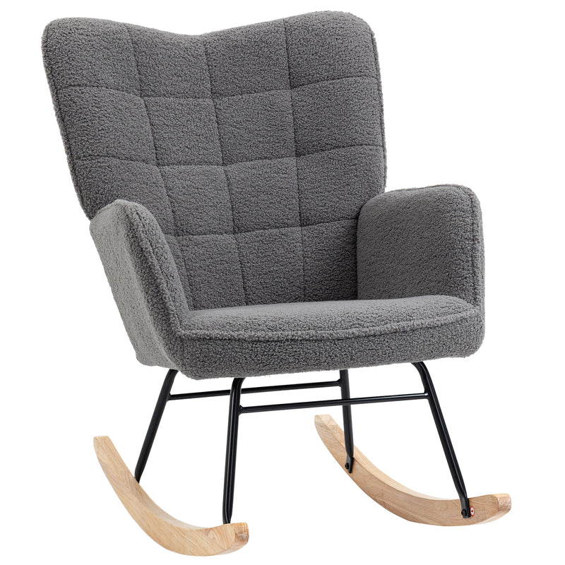 HOMCOM Wingback Rocking Chair For Nursing W/ Steel Frame And Wooden Base Grey