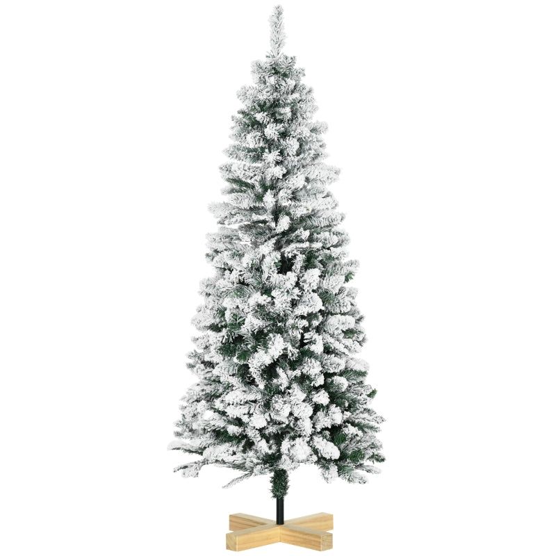 HOMCOM Christmas Tree Snow Flocked Slim 5' with Pinewood Base