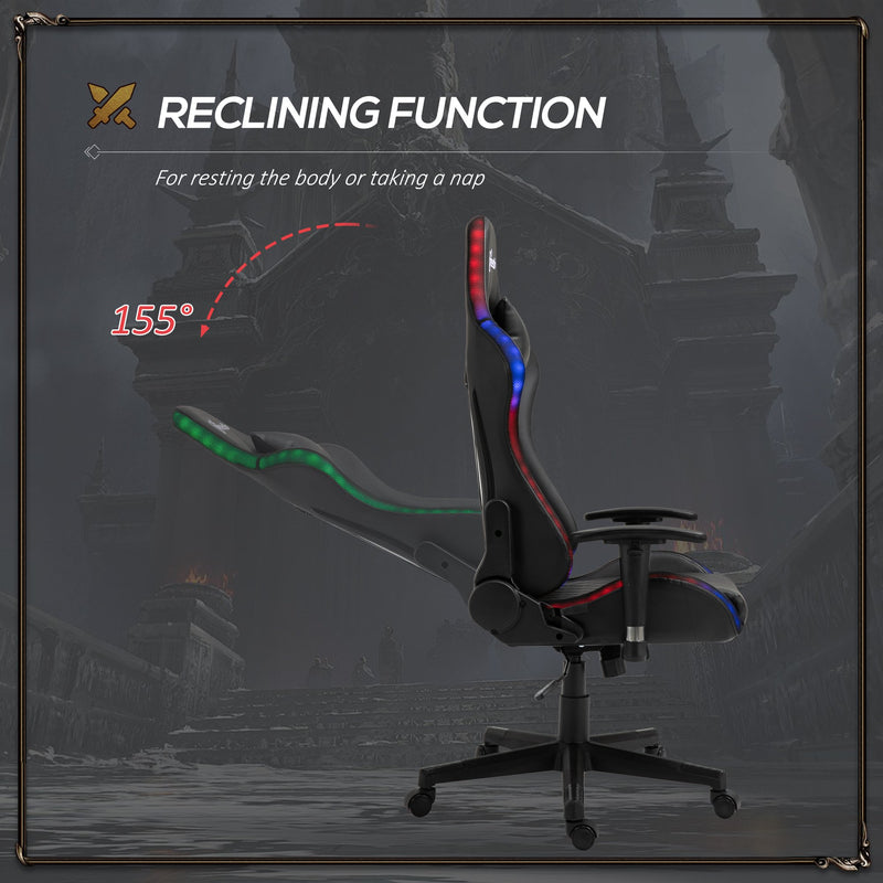 Vinsetto Gaming Chair with RGB LED Light 2D Arm Lumbar Support Swivel Office Computer Recliner Racing Gamer Desk Chair for Home - Black