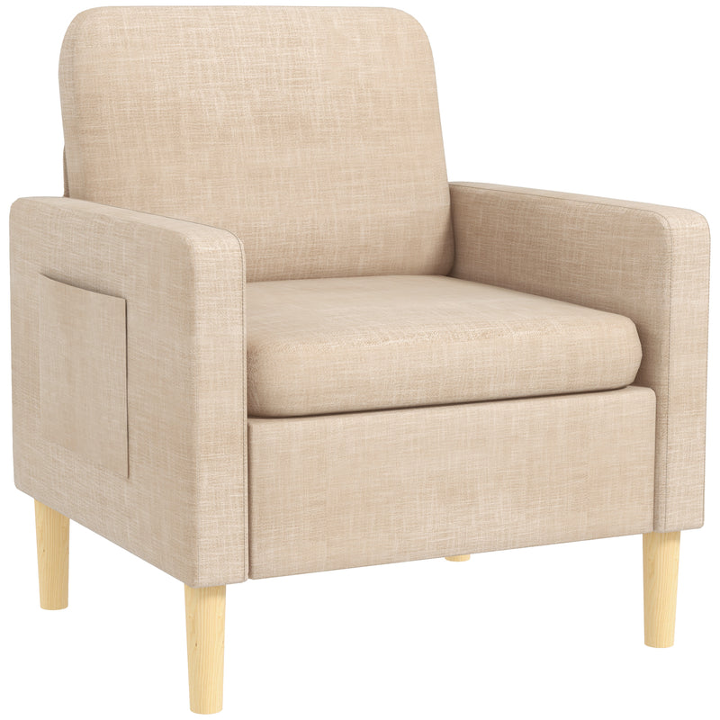 HOMCOM One Seater Sofa for Living Room, Modern Fabric Couch with Wood Legs and 2 Pockets for Bedroom and Home Office, Beige