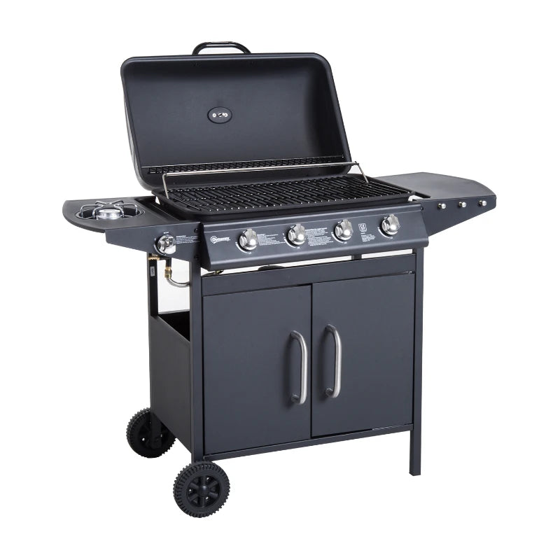 Outsunny 4+1 Gas Burner Grill BBQ Trolley Backyard Garden Smoker Side Burner Barbecue w/ Storage Side Table Wheels