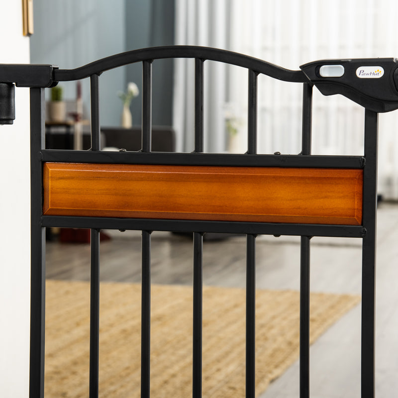 PawHut Dog Gate Pet Safety Gate W/ Cat Door Auto Close Pine Decor 74-80 cm Wide