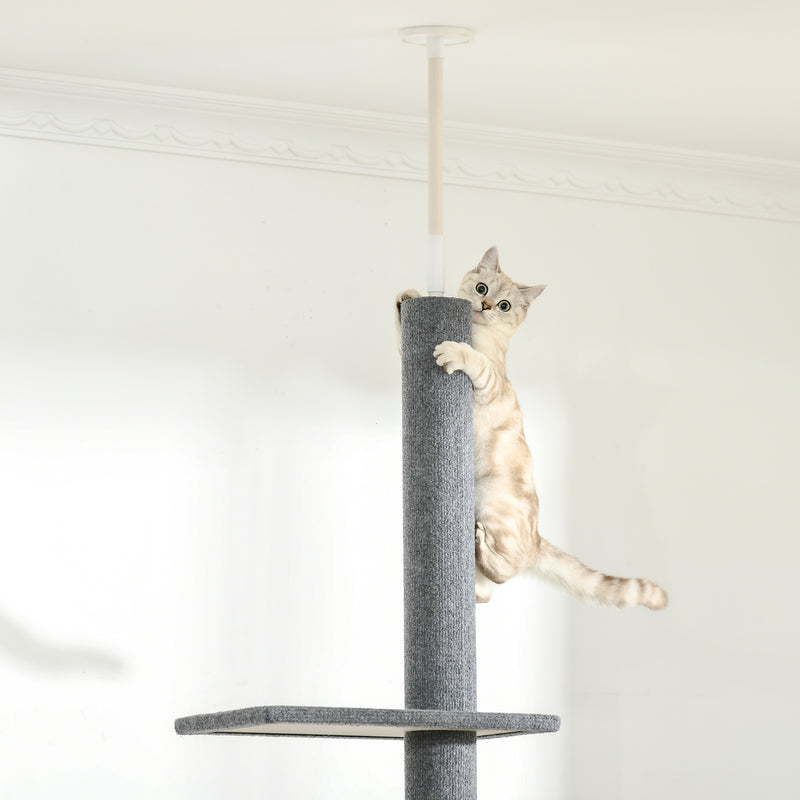 PawHut 260cm Floor To Ceiling Cat Tree Kitten Tower w/ Adjustable Height - Grey