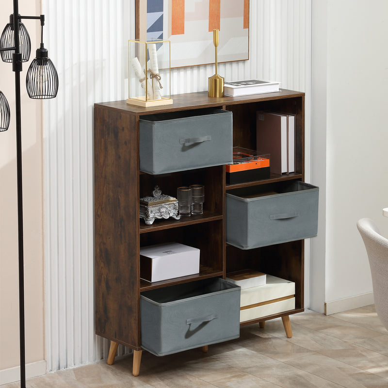 HOMCOM 7 Cube Storage Cabinet Shelving Unit with 3 Fabric Drawers Rustic Brown