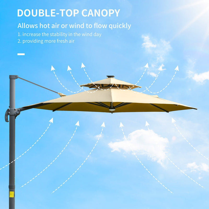 Outsunny 3m Cantilever Parasol Solar Lights Power Bank Base 360° Spin Beige