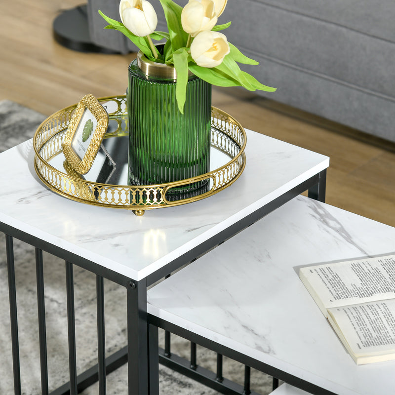 HOMCOM Modern Coffee Table Set of Two w/ Steel Frame Marble-Effect White, Black