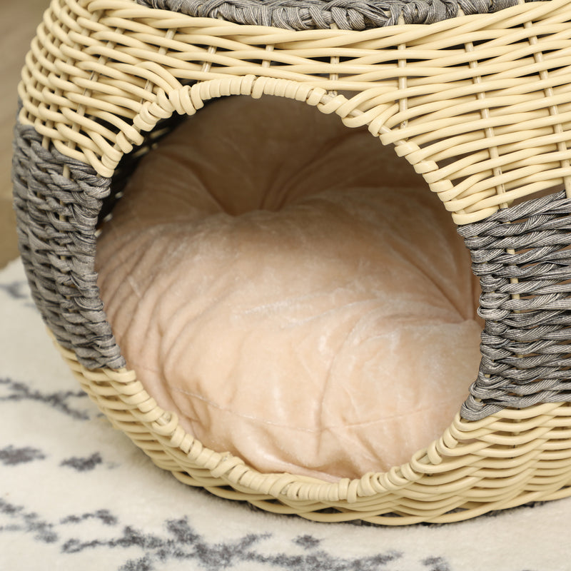 PawHut Wicker Cat House, Rattan Raised Cat Bed w/ Soft Cushion, ?40 x 30cm