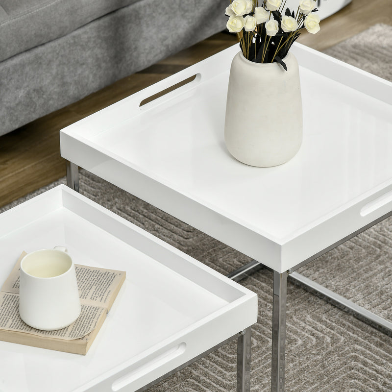 HOMCOM Coffee Table Set of 2 High Gloss Nest of Tables with Steel Frame, White