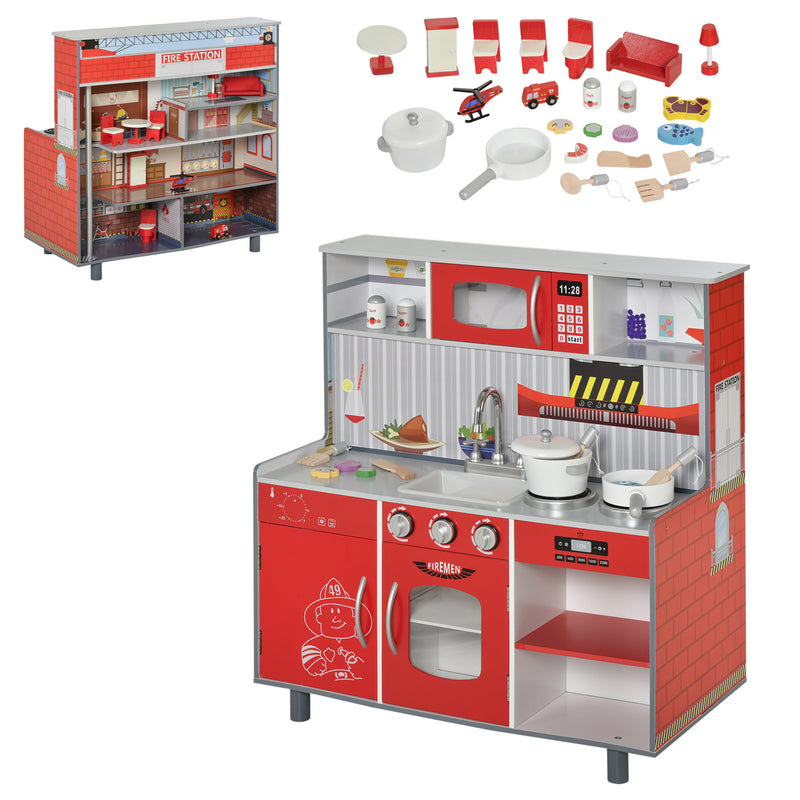 HOMCOM Multifunction Kids Kitchen Set Doll House Pretend Cooking Set Red