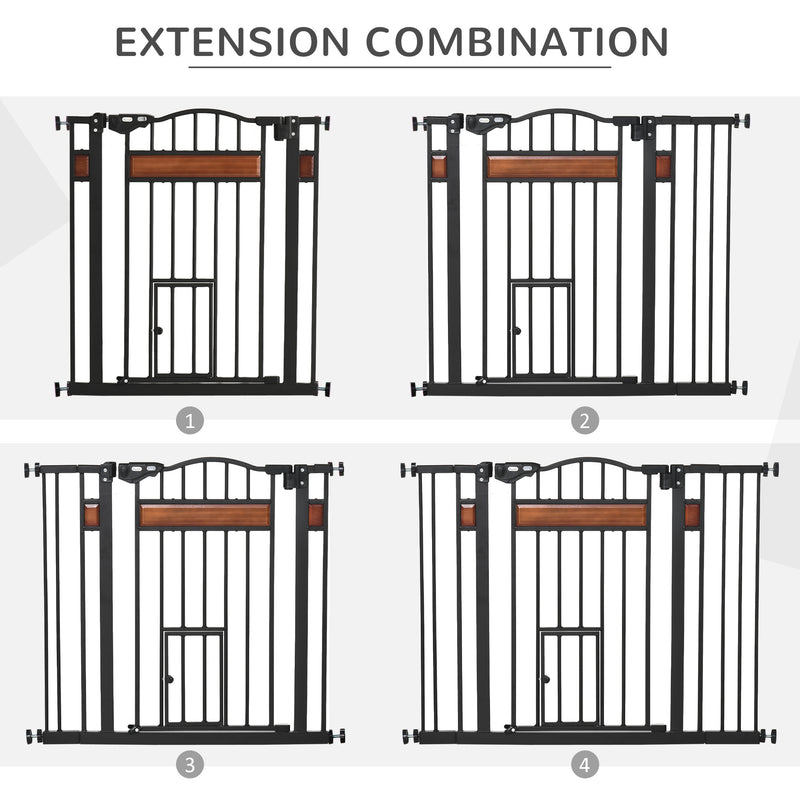 PawHut Dog Gate Pet Safety Gate W/ Cat Door Auto Close Pine Decor 74-105 cm Wide