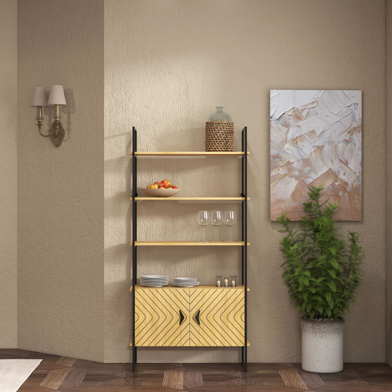 HOMCOM 4-Tier Bookshelf Bookcase with Double Door Cabinet for Bedroom Study